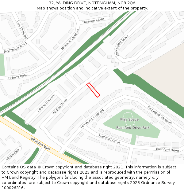 32, YALDING DRIVE, NOTTINGHAM, NG8 2QA: Location map and indicative extent of plot