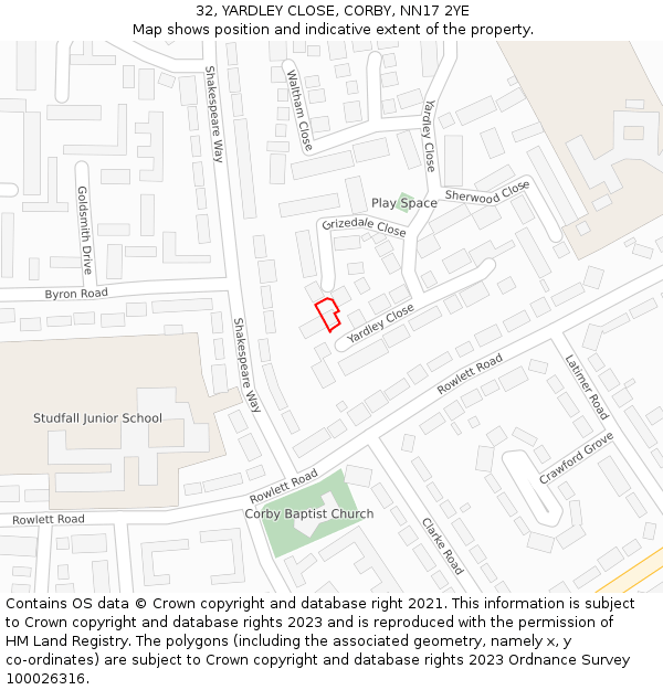 32, YARDLEY CLOSE, CORBY, NN17 2YE: Location map and indicative extent of plot