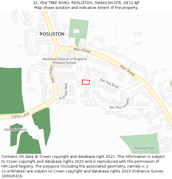 32, YEW TREE ROAD, ROSLISTON, SWADLINCOTE, DE12 8JF: Location map and indicative extent of plot