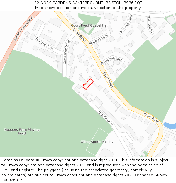 32, YORK GARDENS, WINTERBOURNE, BRISTOL, BS36 1QT: Location map and indicative extent of plot