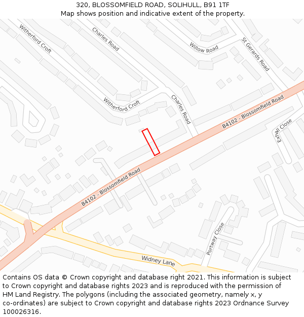 320, BLOSSOMFIELD ROAD, SOLIHULL, B91 1TF: Location map and indicative extent of plot