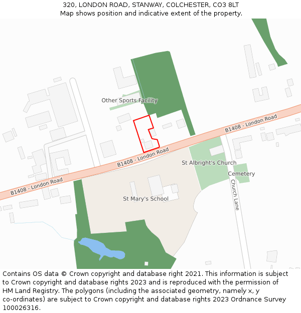 320, LONDON ROAD, STANWAY, COLCHESTER, CO3 8LT: Location map and indicative extent of plot