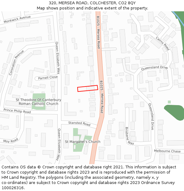 320, MERSEA ROAD, COLCHESTER, CO2 8QY: Location map and indicative extent of plot