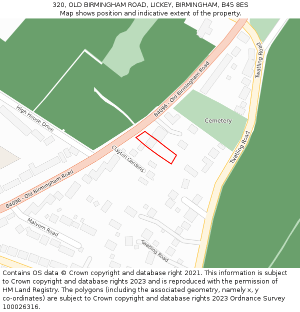 320, OLD BIRMINGHAM ROAD, LICKEY, BIRMINGHAM, B45 8ES: Location map and indicative extent of plot