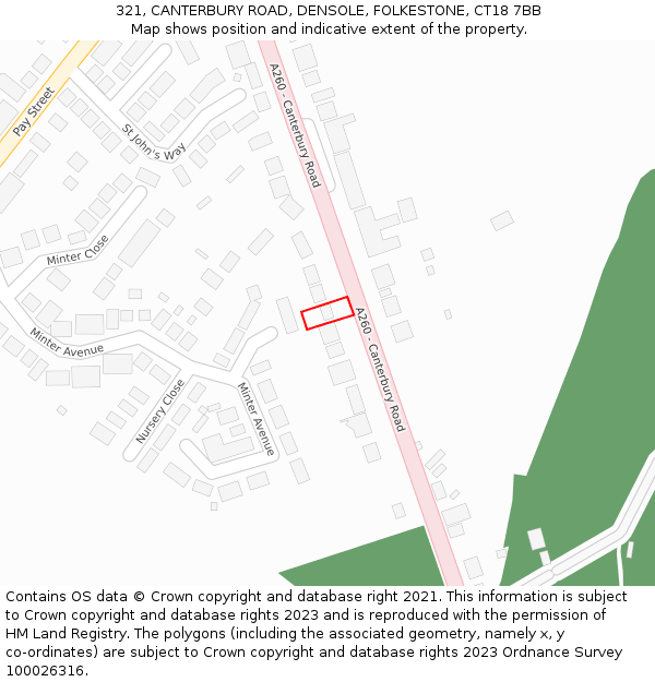 321, CANTERBURY ROAD, DENSOLE, FOLKESTONE, CT18 7BB: Location map and indicative extent of plot