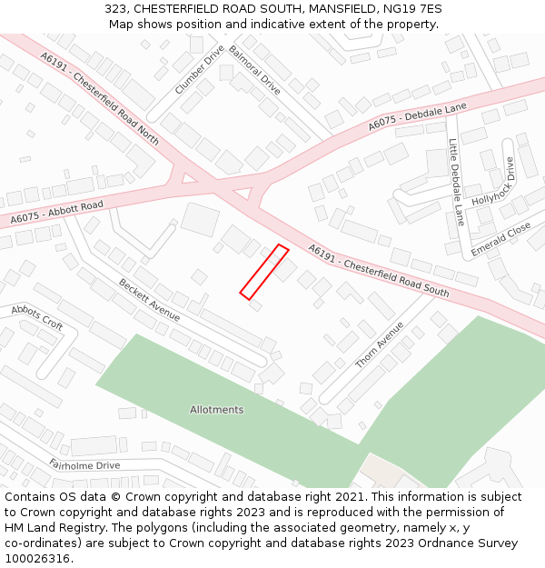 323, CHESTERFIELD ROAD SOUTH, MANSFIELD, NG19 7ES: Location map and indicative extent of plot