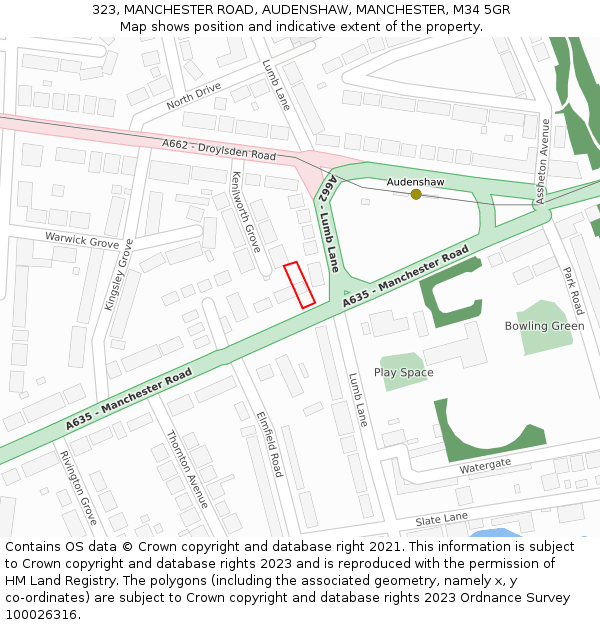 323, MANCHESTER ROAD, AUDENSHAW, MANCHESTER, M34 5GR: Location map and indicative extent of plot