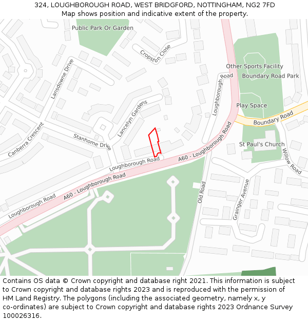 324, LOUGHBOROUGH ROAD, WEST BRIDGFORD, NOTTINGHAM, NG2 7FD: Location map and indicative extent of plot