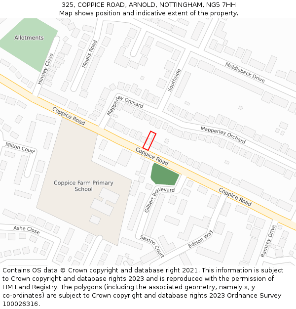 325, COPPICE ROAD, ARNOLD, NOTTINGHAM, NG5 7HH: Location map and indicative extent of plot