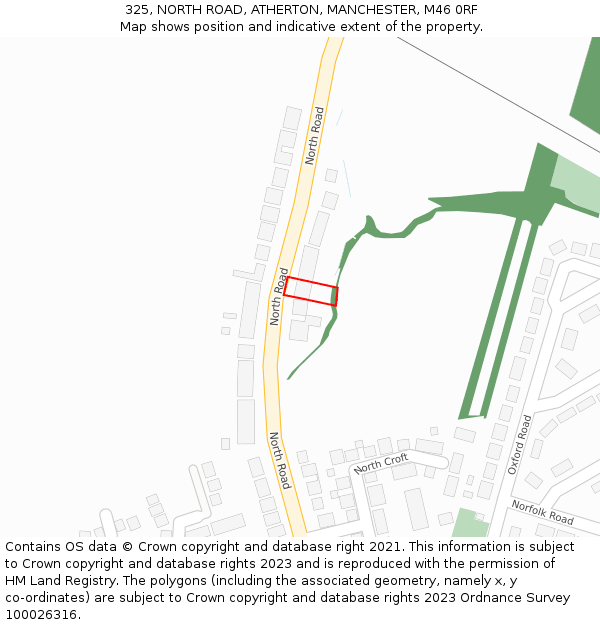 325, NORTH ROAD, ATHERTON, MANCHESTER, M46 0RF: Location map and indicative extent of plot