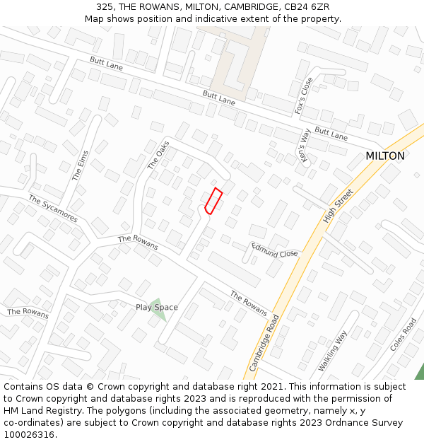 325, THE ROWANS, MILTON, CAMBRIDGE, CB24 6ZR: Location map and indicative extent of plot