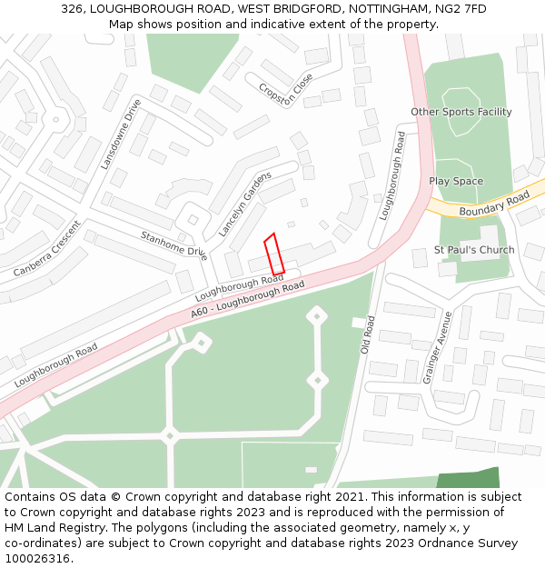 326, LOUGHBOROUGH ROAD, WEST BRIDGFORD, NOTTINGHAM, NG2 7FD: Location map and indicative extent of plot