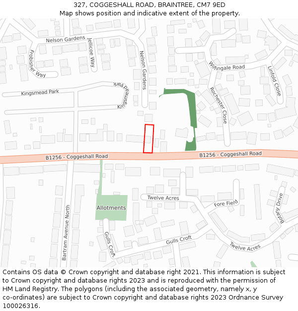 327, COGGESHALL ROAD, BRAINTREE, CM7 9ED: Location map and indicative extent of plot