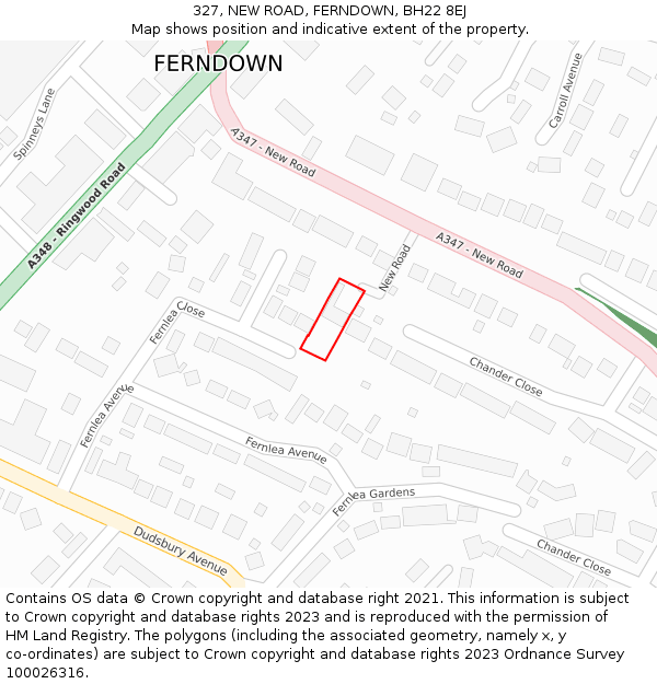 327, NEW ROAD, FERNDOWN, BH22 8EJ: Location map and indicative extent of plot