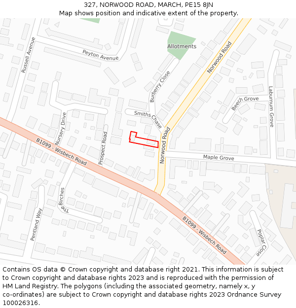 327, NORWOOD ROAD, MARCH, PE15 8JN: Location map and indicative extent of plot