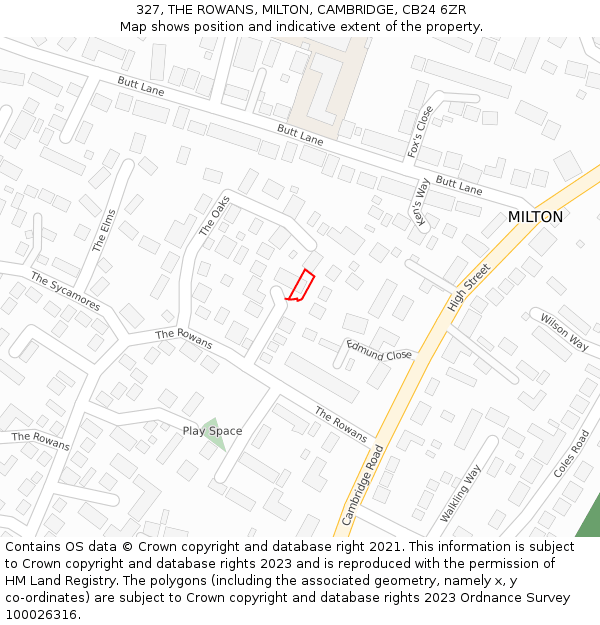 327, THE ROWANS, MILTON, CAMBRIDGE, CB24 6ZR: Location map and indicative extent of plot