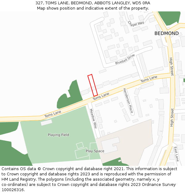 327, TOMS LANE, BEDMOND, ABBOTS LANGLEY, WD5 0RA: Location map and indicative extent of plot