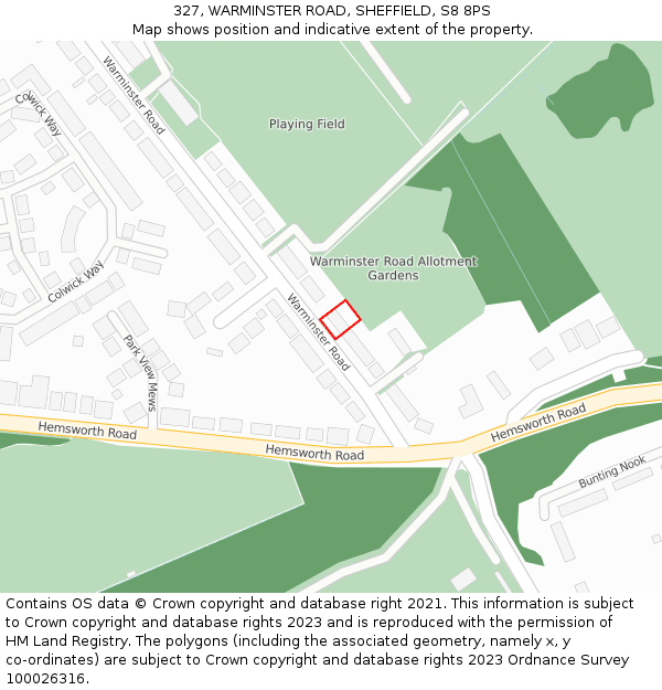 327, WARMINSTER ROAD, SHEFFIELD, S8 8PS: Location map and indicative extent of plot