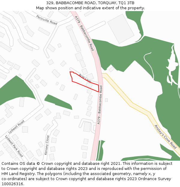 329, BABBACOMBE ROAD, TORQUAY, TQ1 3TB: Location map and indicative extent of plot