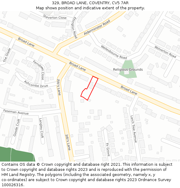 329, BROAD LANE, COVENTRY, CV5 7AR: Location map and indicative extent of plot