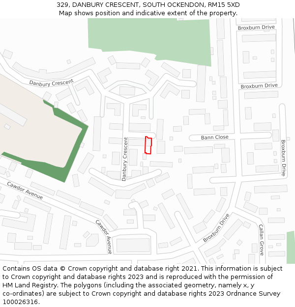 329, DANBURY CRESCENT, SOUTH OCKENDON, RM15 5XD: Location map and indicative extent of plot