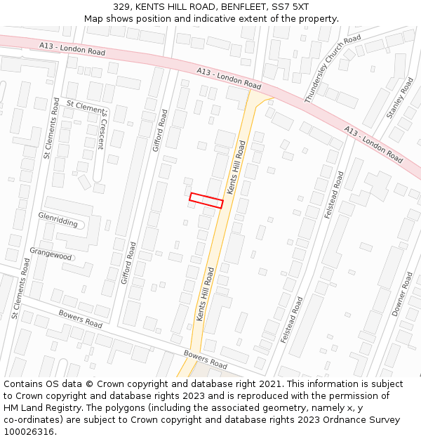 329, KENTS HILL ROAD, BENFLEET, SS7 5XT: Location map and indicative extent of plot