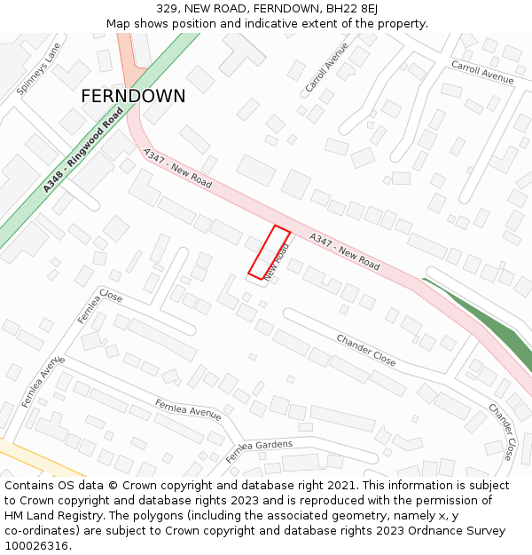 329, NEW ROAD, FERNDOWN, BH22 8EJ: Location map and indicative extent of plot