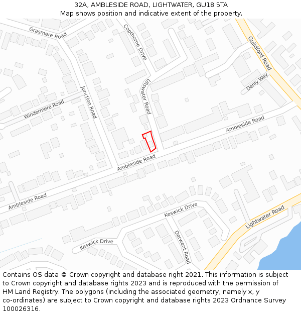 32A, AMBLESIDE ROAD, LIGHTWATER, GU18 5TA: Location map and indicative extent of plot