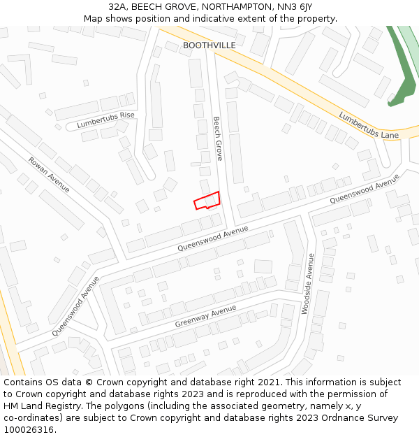 32A, BEECH GROVE, NORTHAMPTON, NN3 6JY: Location map and indicative extent of plot