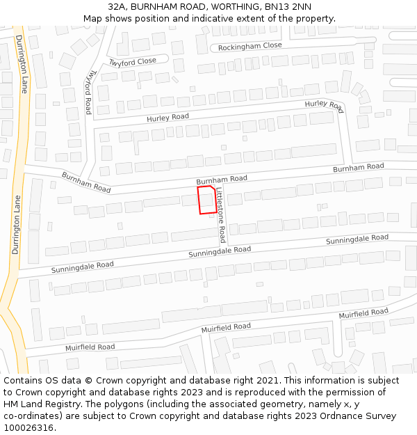 32A, BURNHAM ROAD, WORTHING, BN13 2NN: Location map and indicative extent of plot