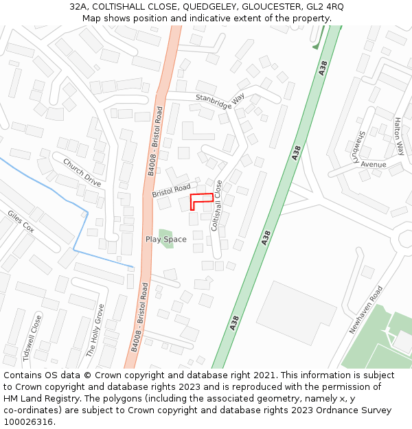 32A, COLTISHALL CLOSE, QUEDGELEY, GLOUCESTER, GL2 4RQ: Location map and indicative extent of plot