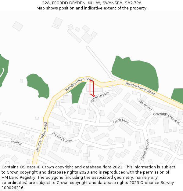 32A, FFORDD DRYDEN, KILLAY, SWANSEA, SA2 7PA: Location map and indicative extent of plot