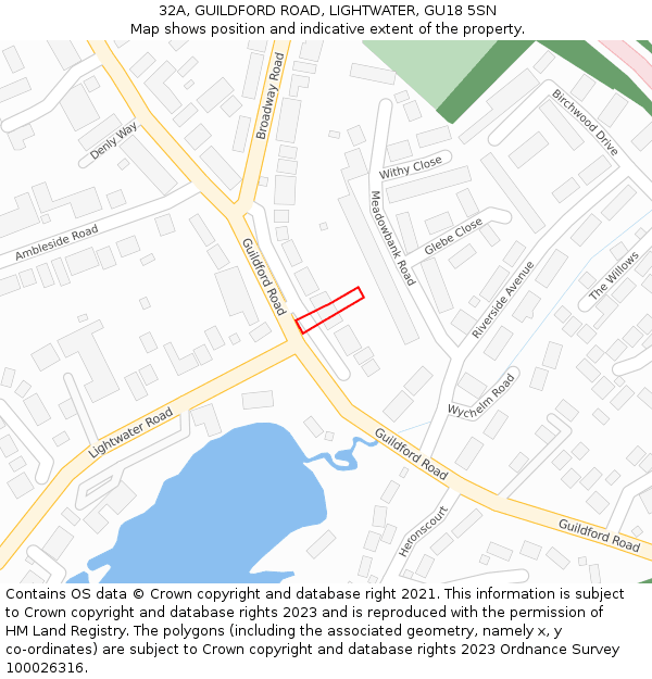 32A, GUILDFORD ROAD, LIGHTWATER, GU18 5SN: Location map and indicative extent of plot