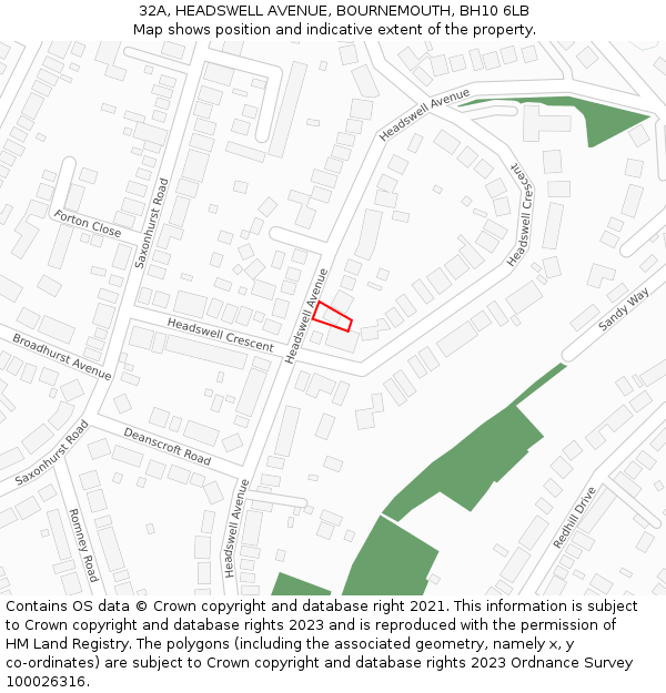 32A, HEADSWELL AVENUE, BOURNEMOUTH, BH10 6LB: Location map and indicative extent of plot