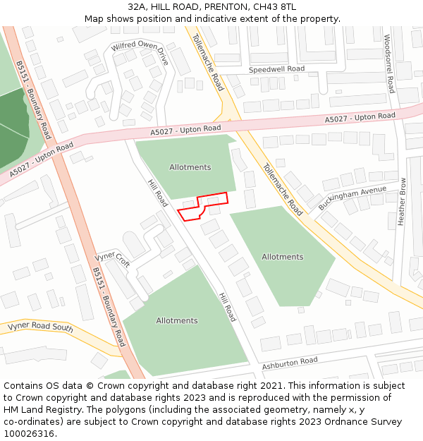 32A, HILL ROAD, PRENTON, CH43 8TL: Location map and indicative extent of plot