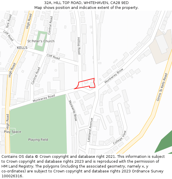 32A, HILL TOP ROAD, WHITEHAVEN, CA28 9ED: Location map and indicative extent of plot
