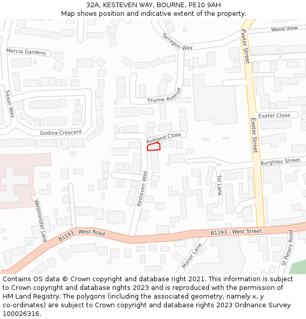 32A, KESTEVEN WAY, BOURNE, PE10 9AH: Location map and indicative extent of plot