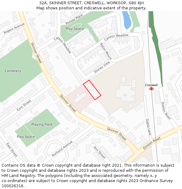 32A, SKINNER STREET, CRESWELL, WORKSOP, S80 4JH: Location map and indicative extent of plot