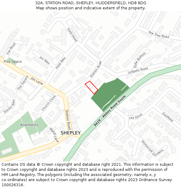 32A, STATION ROAD, SHEPLEY, HUDDERSFIELD, HD8 8DG: Location map and indicative extent of plot