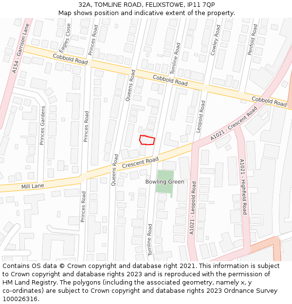 32A, TOMLINE ROAD, FELIXSTOWE, IP11 7QP: Location map and indicative extent of plot
