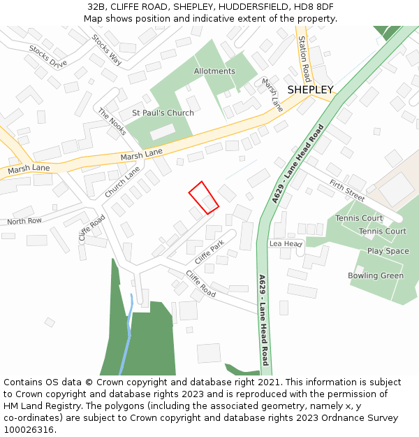 32B, CLIFFE ROAD, SHEPLEY, HUDDERSFIELD, HD8 8DF: Location map and indicative extent of plot