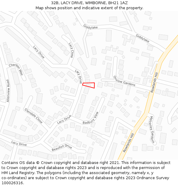 32B, LACY DRIVE, WIMBORNE, BH21 1AZ: Location map and indicative extent of plot