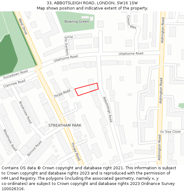 33, ABBOTSLEIGH ROAD, LONDON, SW16 1SW: Location map and indicative extent of plot