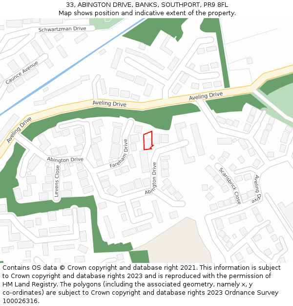 33, ABINGTON DRIVE, BANKS, SOUTHPORT, PR9 8FL: Location map and indicative extent of plot