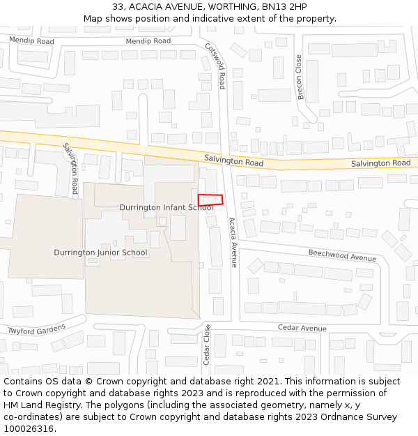 33, ACACIA AVENUE, WORTHING, BN13 2HP: Location map and indicative extent of plot