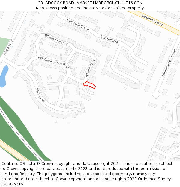33, ADCOCK ROAD, MARKET HARBOROUGH, LE16 8GN: Location map and indicative extent of plot