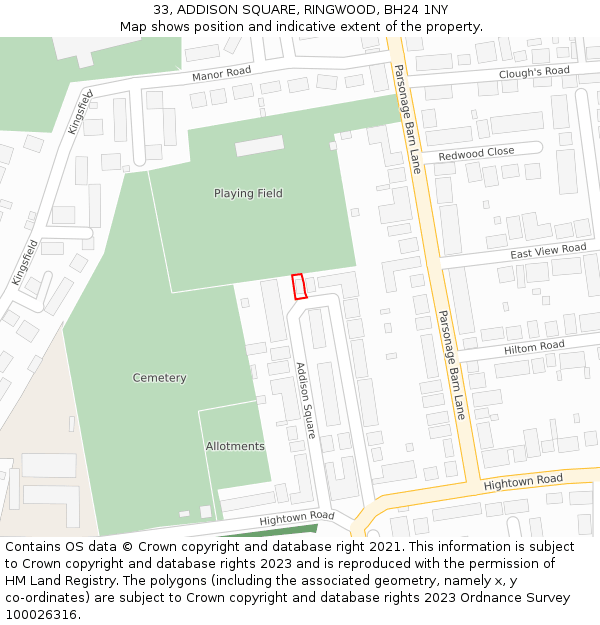 33, ADDISON SQUARE, RINGWOOD, BH24 1NY: Location map and indicative extent of plot