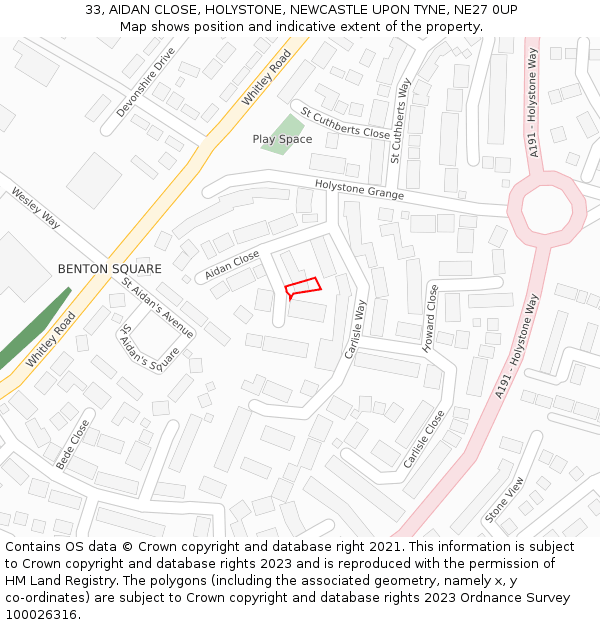 33, AIDAN CLOSE, HOLYSTONE, NEWCASTLE UPON TYNE, NE27 0UP: Location map and indicative extent of plot