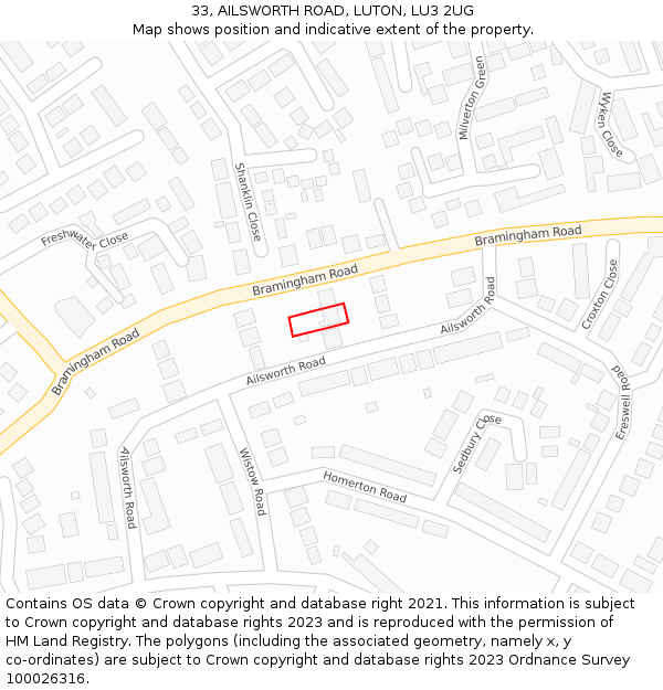 33, AILSWORTH ROAD, LUTON, LU3 2UG: Location map and indicative extent of plot