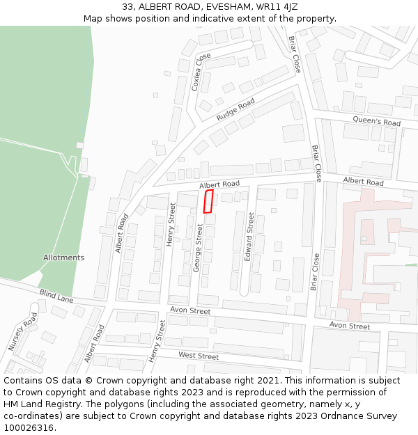 33, ALBERT ROAD, EVESHAM, WR11 4JZ: Location map and indicative extent of plot